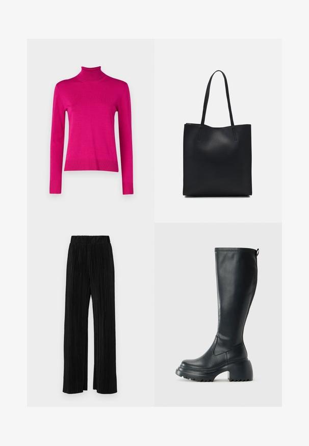 Prilegajoča turtleneck pulover v svetlo roza barvi, izdelan iz rebrastega pletenega materiala, z dolgimi rokavi in ravnim robom ter rebrastimi manšetami.; Črne plisirane hlače z elastičnim pasom. Imajo široke noge in gladko, teksturirano tkanino z navpičnimi črtami.; Visoka črna usnjena škornja s debelim podplatnim solejem in blok peto, opremljena s potegom in strukturiranim profilom na podplatu.; Črna usnjena torba s svilnato teksturo, pravokotne oblike in dvema dolgima ročajema. Brez vidnih metalnih delov ali okrasnih elementov.