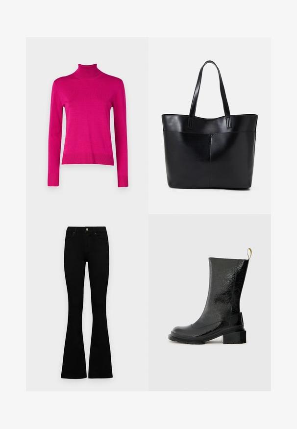 Fitted Rollkragenpullover in leuchtendem Pink, aus geripptem Strickstoff, mit langen Ärmeln und geradem Saum sowie gerippten Bündchen.; Schwarze hochtaillierte Jeans mit einem Knopf- und Reißverschluss, Fronttaschen und ausgestellten Beinen, flach auf einem weißen Hintergrund ausgelegt.; Schwarze Knöchelstiefel aus glänzendem, strukturiertem Material. Sie haben einen klobigen Absatz und eine Schlaufe an der Rückseite für einfaches Anziehen.; Schwarze Leder-Shopper-Tasche mit zwei langen Griffen, einer glatten Textur und einer strukturierten Form. Verfügt über eine Vordertasche für zusätzlichen Stauraum.