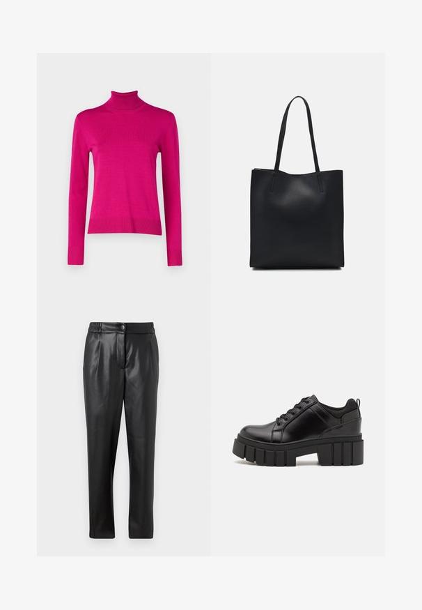 Tinkantis turtleneck megztinis ryškiai rožinės spalvos, pagamintas iš ruožuoto megztinio audinio, su ilgomis rankovėmis ir tiesiu kraštu bei ruožuotomis rankogaliais.; Juodos odinės kelnės su lygiu paviršiumi, tiesiu siluetu, elastinga juosta ir priekyje uždaroma mygtuku; raukiniai ir siaurėjantys kelnių šlaunys.; Juodi odiniai platformos batai su masyviu blokuota kulniuku, apvalia nosimi ir tradiciniu šnypštimo dizainu. Turintys glotnų paviršių ir minimalų dekoravimą.; Juodas odinis tote krepšys su lygia tekstūra, stačiakampio formos ir dviem ilgais rankenomis. Matomų metalinių detalių ar puošybos nėra.