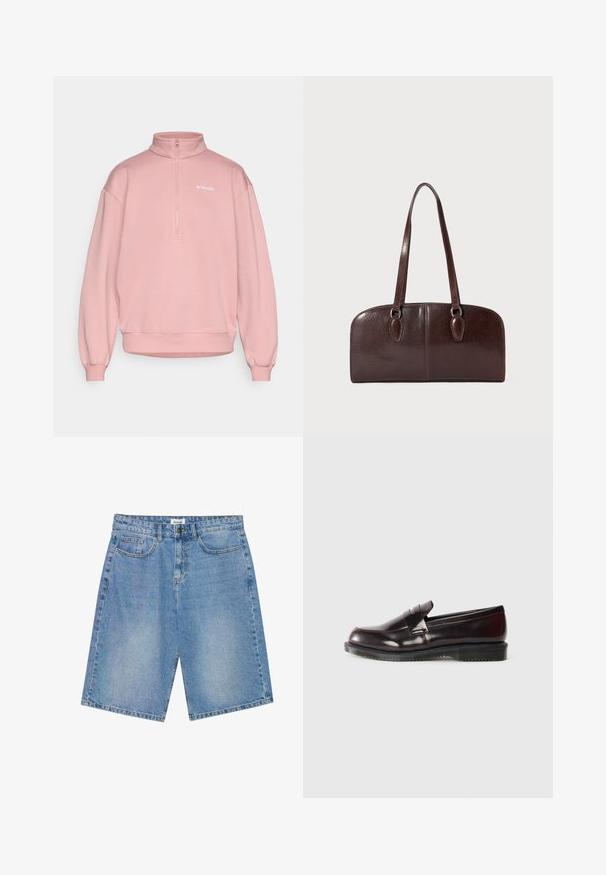 Vaaleanpunainen huppari, jossa on korkea kaulus ja puolivetoketju. Samaan aikaan siinä on pitkät, hieman puffatut hihat ja ribbireunus. Columbia logo rinnassa.; Valkoinen pitkähihaisista t-paita, joka on valmistettu puuvillasta. Paidassa on pieni oranssi ja tummanpunainen Carhartt-logon etuosassa. Pyöreä kaula-aukko.; Farkkushortsit vaaleansinisinä, suoran leikkauksen ja viiden taskun designilla, sekä kontrastivärillä ommeltuina. Varustettu nappi- ja vetoketjusuljennalla.; Burgundin nahkainen loaferi, jossa on sileä pinta, kohotettu sauman yksityiskohta ja kumipohja. Suunniteltu pyöristetty varvas ja minimaalinen varuste.; Ruske kožne torbe s dva dugačka ručka, strukturiranog pravokutnog oblika, glatke teksture i zaobljenih rubova. Sadrži detalje s naglaskom na ručkama.
