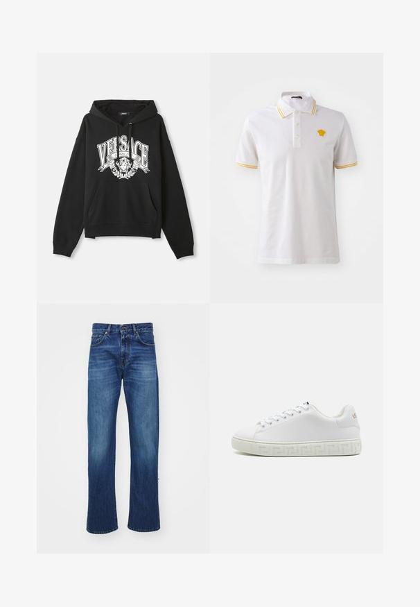 Czarna bluza z kapturem z białym napisem "VERSACE" i logo głowy Meduzy umieszczonym na środku klatki piersiowej, z kieszenią kangurzą z przodu i sznurkami do ściągania.; Biała koszulka polo z bawełny z żółtymi paskami na kołnierzyku i rękawach, z haftowanym logo na piersi.; Niebieskie dżinsy w prostym kroju z nogawkami prostymi, posiadające kieszenie z przodu, szlufki na pasek oraz lekkie przetarcia na udach. Trwała tekstura materiału.; Białe sneakersy z górą z gładkiej skóry, płaskimi sznurowadłami i wzorzystą gumową podeszwą z geometrycznym wzorem. Dyskretny akcent logo po boku.