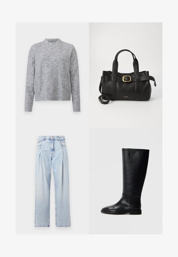 Grauer Pullover aus weichem Strickmaterial, mit Rundhalsausschnitt und langen Ärmeln, die Rippenabschlüsse und Saum haben. Keine Muster oder Akzente.; Helle blaue Denim-Jeans mit hoher Taille, weitem Beinschnitt, zwei seitlichen Taschen und gefaltetem Design. Weiche Textur mit einem ausgebleichten Finish.; Schwarze Lederstiefel bis zum Knie mit runder Zehenform, glatter Textur, minimalistischem Design und flacher Sohle. Einfache Nahtdetails am Schaft.; Schwarze Lederhandtasche mit strukturiertem Design, doppelten oberen Griffen, goldfarbenem Schnallenakzent und geprägtem Markenlogo auf der Vorderseite.