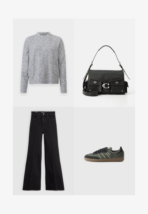 Szürke pulóver puha kötött anyagból, kerek nyakkivágással és hosszú ujjakkal, bordás mandzsettával és aljjal. Nincsenek minták vagy díszítések.; Fekete, magas derekú, bő szabású farmernadrág elülső varrással, gombos záródással, övhurkokkal és elülső zsebekkel, sima világos háttér előtt.; adidas Originals SAMBA OG - Sportcipő - core black/legend earth/gum; Fekete bőr kézitáska hajtókás záródással, ezüst színű fémrészekkel, két elülső zsebbel, kontrasztos varrással és levehető vállpánttal.