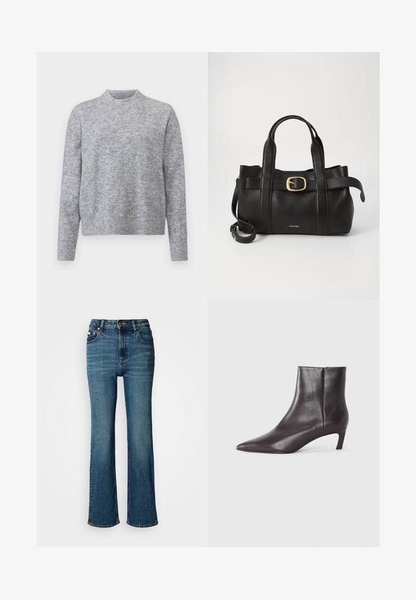 Grauer Pullover aus weichem Strickmaterial, mit Rundhalsausschnitt und langen Ärmeln, die Rippenabschlüsse und Saum haben. Keine Muster oder Akzente.; Hochtaillierte blaue Jeans aus Denim mit geradem Bein, dezentem Verblassen und einem standardmäßigen Knopf- und Reißverschluss.; Schwarze Leder-Ankle-Boots mit spitzem Zehenbereich und niedrigem Kitten-Absatz, glatte Oberfläche, seitlicher Reißverschluss, vor einem neutralen Hintergrund präsentiert.; Schwarze Lederhandtasche mit strukturiertem Design, doppelten oberen Griffen, goldfarbenem Schnallenakzent und geprägtem Markenlogo auf der Vorderseite.