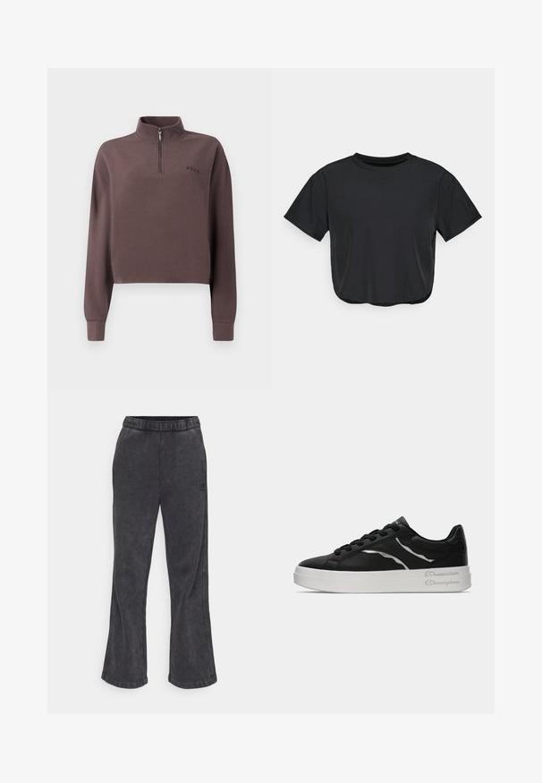 Geknipte, lang mouw pullover in donker mauve geribbeld materiaal met een kwart rits en een klein merkenlogo op de borst. Zachte textuur.; Zwarte cropped t-shirt van zacht materiaal, met een ronde halslijn, korte mouwen en een ontspannen pasvorm. Subtiele stikdetails.; Uitlopende trainingsbroek van donkergrijze stof met een zachte textuur. Voorzien van een elastische tailleband en een geborduurd logo aan de zijkant.; Zwarte leren sneaker met witte zool, voorzien van dunne zilveren accenten en een vetersluiting. Gladde textuur met merkdetails op de hiel.