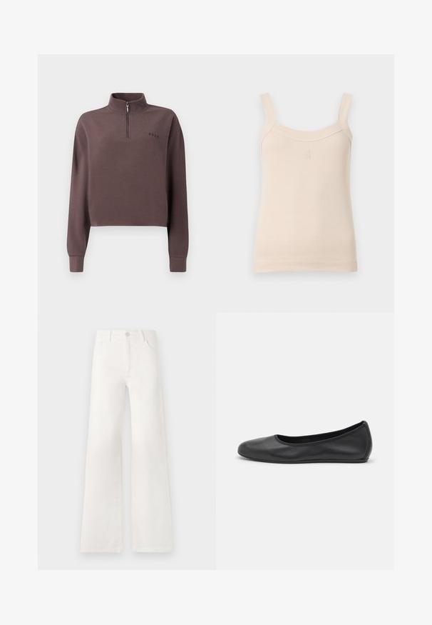 Lühendatud, pikakäised pullover tumedas maevärvi ribakangas, millel on veerandteeluk ja väike brändilogo rinnal. Pehme tekstuur.; Beez ribastank, millel on õhukesed rihmad ja ümar kaelus. Ees on õmmeldud logo. Sile tekstuur, keha lähedane disain.; Valged, kõrge vöökohaga laiad teksad, mis on valmistatud denimist. Omab nupuga sulgemist, kahte esimest taskut ja külgede õmbluste detailseid õmblusi.; Musthave mustika tantsutossud mustast nahast, ümmarguse varbaga, siledast tekstuurist, minimaalse õmblusdetailiga ja paindliku tallakujundusega.