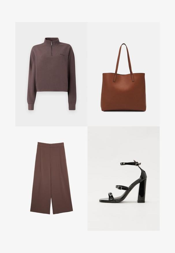 Pullover accorciato a maniche lunghe in tessuto ribbed color malva scuro con zip a quarto di giro e un piccolo logo del marchio sul petto. Texture morbida.; Pantaloni ampi marroni con una texture liscia, caratterizzati da una vita alta e pieghe frontali. Il tessuto è leggero e scorre liberamente.; Sandali con tacco in vernice nera, con punta squadrata, cinturini alla caviglia e fibbie in argento. Presentano un tacco a blocco spesso per maggiore stabilità.; Borsa tote in pelle marrone con texture liscia, design con apertura superiore e due spallacci. Presenta cuciture minime e nessun hardware visibile.