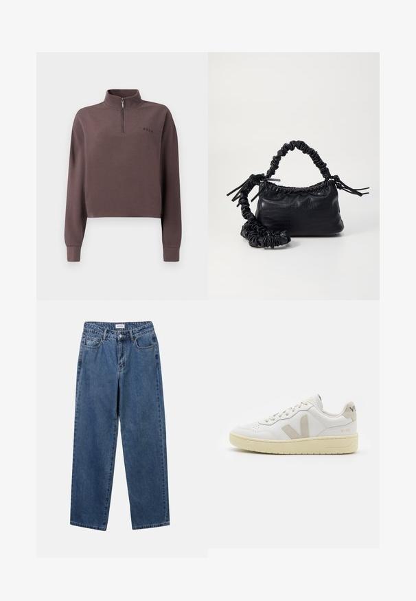 Pullover ajustado de manga longa em malha canelada de mauve escuro com fecho de correr de um quarto e um pequeno logótipo da marca no peito. Textura suave.; Jeans de denim azul clássicos com um design de perna reta, cinco bolsos e fecho de botão. Apresenta um tratamento médio e uma textura resistente.; Sapatilha de couro branca com detalhes em camurça bege, biqueira perfurada, atacadores planos e sola texturizada creme. Apresenta uma marcação subtil no calcanhar.; Bolsa de mão em couro sintético preto com textura de crocodilo, topo franzido e alça enrugada. Apresenta um design suave e compacto.