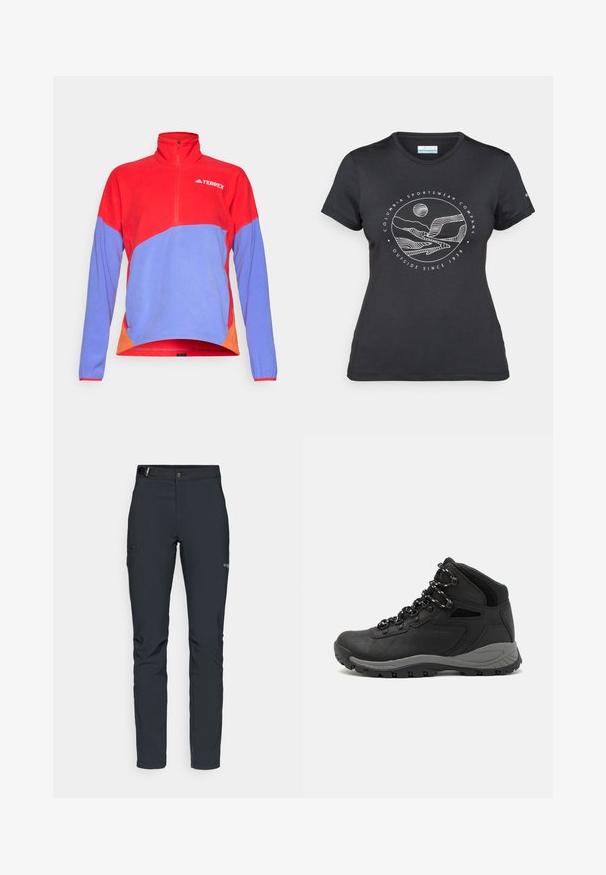 Crvena i plava flis dukserica s četvrtim patent zatvaračem i visokim ovratnikom. Ima kontrastne narančaste detalje sa strane i logo na prsima.; Crna Columbia majica s bijelim kružnim crtežom planine i rijeke te natpisom "Columbia Sportswear Company Outside Since 1938."; Muške outdoor hlače, tamno sive boje, izrađene od fleksibilnog materijala, s remenom, džepovima na patentni zatvarač i ojačanim šavovima.; Crne planinarske čizme s dizajnom srednjeg vrha, sa teksturiranim gornjim dijelom, sivim akcentima i izdržljivom gumom potplatom s uzorkom za prianjanje.