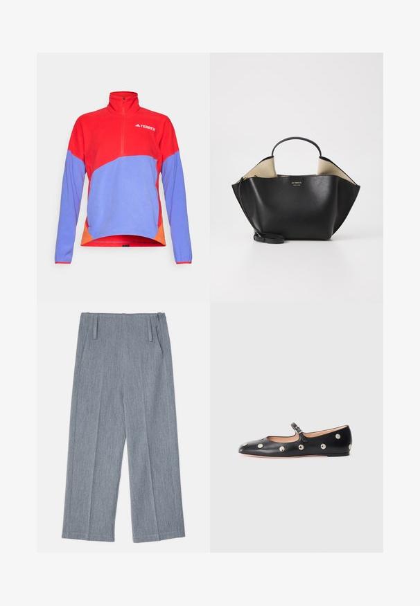 Roter und blauer Fleece-Pullover mit einem Viertel-Reißverschluss und hohem Kragen. Mit kontrastierenden orangen Akzenten an den Seiten und einem Logo auf der Brust.; Hellgraue, weit geschnittene Hosen aus strukturiertem Stoff, mit zwei vorderen Falten und zwei Seitentaschen. Sauberes, maßgeschneidertes Design.; Schwarze Leder-Mary-Jane-Ballenflats mit runder Zehenform, ausgestattet mit silbernen runden Nieten und einem verstellbaren Riemen mit Schnalle.; Ree Projects ANN TOTE MINI - Handtasche - black