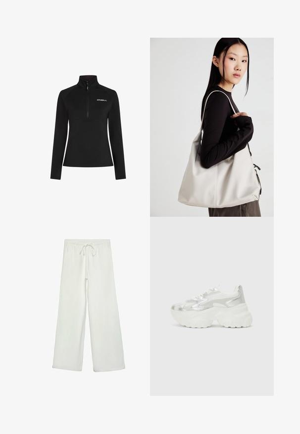 Sort fleece pullover med en kvart-zip og høj krave. Har lange ærmer og et hvidt logo på brystet. Glat tekstur.; Hvide bukser med bred ejer lavet af blødt stof. Har en elastisk talje med snor og en glat tekstur. Ingen synlige mønstre eller hardware.; Sølv sneakers med en struktureret mesh-overdel og iriserende detaljer, der har en kraftig hvid sål og snørebåndslukning.; Beige håndtaske lavet af blødt materiale med et slouchy design, stikninger og to skulderremme. Velegnet til daglig brug.