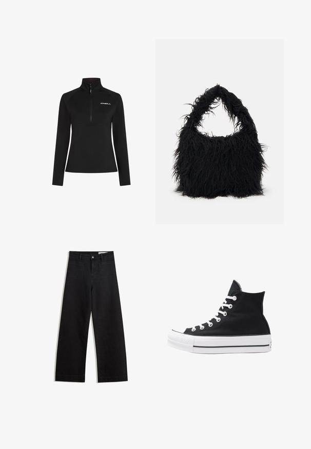Zwart fleecetrekker met een kwart-rits en hoge kraag. Beschikt over lange mouwen en een wit logo op de borst. Soepele textuur.; Zwarte denim broek met wijde pijpen en een hoge taille, voorzien van voor- en achterzakken, gestikte naden en een knoopsluiting. Gladde textuur.; Hoge zwarte canvas sneaker met witte oogjes, veters en rubberen zool. Beschikt over een gestructureerde neuskap en zwart-witte streepaccenten.; Even&Odd Shopper - black