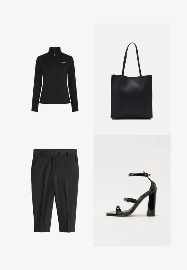 Černý fleecový pulovr s čtvrtinovým zipem a vysokým límcem. Má dlouhé rukávy a bílou logo na hrudi. Hladká textura.; Černé kalhoty na míru s předními záhyby, zapínáním na knoflík a bočními kapsami. Hladký materiál s zkrácenou délkou a štíhlým střihem.; Černé lakované sandály na podpatku se čtveratou špičkou, lýtkovými pásky a stříbrnými přezkami. Disponují masivním blokovým podpatkem pro stabilitu.; Černá kožená taška přes rameno s hladkým povrchem, obdélníkovým tvarem a dvěma dlouhými uchy. Žádné viditelné kování ani ozdoby.