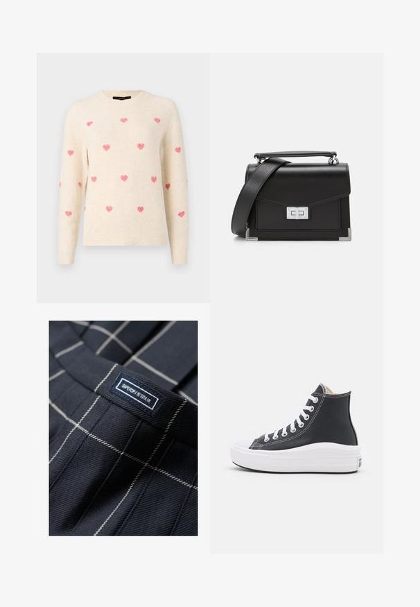 Kremowy sweter z okrągłym dekoltem, z wyszywanymi różowymi sercami rozsianymi po całej powierzchni. Miękka tekstura z prążkowanymi mankietami i dołem.; Granatowe spodnie w kratę z białymi liniami, z przyszytą metką z napisem "SUPERDRY". Tekstura tkaniny jest gładka i solidna.; Czarne sneakersy za kostkę z białymi sznurowadłami i gumową podeszwą. Charakteryzują się gładką skórzaną teksturą i białymi akcentami z przeszyciami.; Czarna skórzana torebka z srebnymi detalami, o strukturalnym designie, z magnetycznym zapięciem i odpinanym paskiem na ramię. Teksturowane akcenty na rogach.