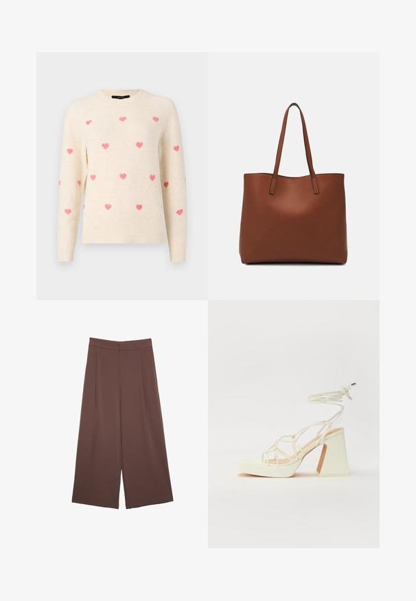 Kremeni pulover s okruglim izrezom, ukrašen jevezanim ružičastim srcima raspoređenim po cijeloj površini. Mekana textura s rebrastim manžetama i rubom.; Smeđe hlače širokog kroja s glatkom teksturom, koje imaju visok struk i nabore sprijeda. Tkanina je lagana i slobodno se kreće.; Bijela sandala na visokoj potpetici s debelim petom, s remenom i vezanjem oko gležnja. Glatka tekstura s platformom sprijeda za dodatnu visinu.; Smeđa kožna torba preko ramena s glatkom teksturom, otvorenim vrhom i dvjema naramenicama. Ima minimalne šavove i nema vidljivog hardvera.