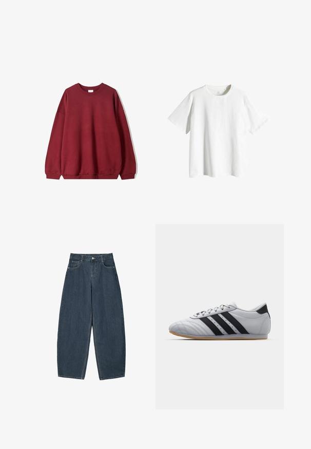 Bordová mikina s voľným strihom, s okrúhlym výstrihom a spustenými ramenami, vystavená na jednoduchom bielom pozadí.; Biele bavlnené tričko s okrúhlym výstrihom, krátkymi rukávmi a voľným strihom. Hladká textúra, bez vzorov alebo akcentov.; Tmavomodré denimové nohavice širokého strihu s vysokým pásom, obsahujúce päť vreciek a viditeľné švy. Čistý, minimalistický dizajn.; Šedé atletické topánky s hladkým koženým povrchom, s tromi čiernymi pruhmi, okrúhlou špičkou a gumovou podrážkou.