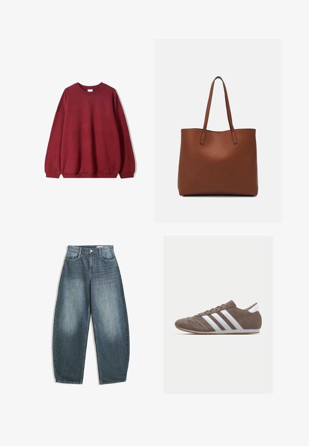 Burgundy sweatshirt with a relaxed fit, featuring a round neckline and dropped shoulders, displayed against a plain white background.; Light blue denim wide-leg jeans feature a high waist, five pockets, subtle fading, and stitching accents along the seams.; Brown suede athletic shoe with white stripes, round toe, lace-up design, and gum rubber sole. Textured upper with stitching details.; Brown leather tote bag with a smooth texture, open top design, and two shoulder straps. Features minimal stitching and no visible hardware.