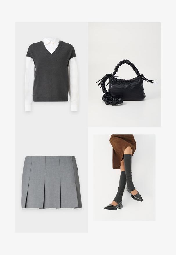 Pulover tricotat gri închis cu decolteu în V, cu mâneci scurte, purtat peste o cămașă albă cu guler. Textura este în relief, cu un aspect stratificat.; Fustă plisată gri cu o textură netedă, design structurat și talie ajustată. Fabricată dintr-un material ușor, cu un model subtil.; Pantofi negri din piele lacuită, cu vârful ascuțit, toc bloc și curea la glezna, asortați cu jambiere gri cu nervuri și o fustă din suede maro.; Geantă din faux leather neagră cu textură de crocodil, cu partea superioară strânsă și o curea mototolită. Pare moale și compactă ca design.