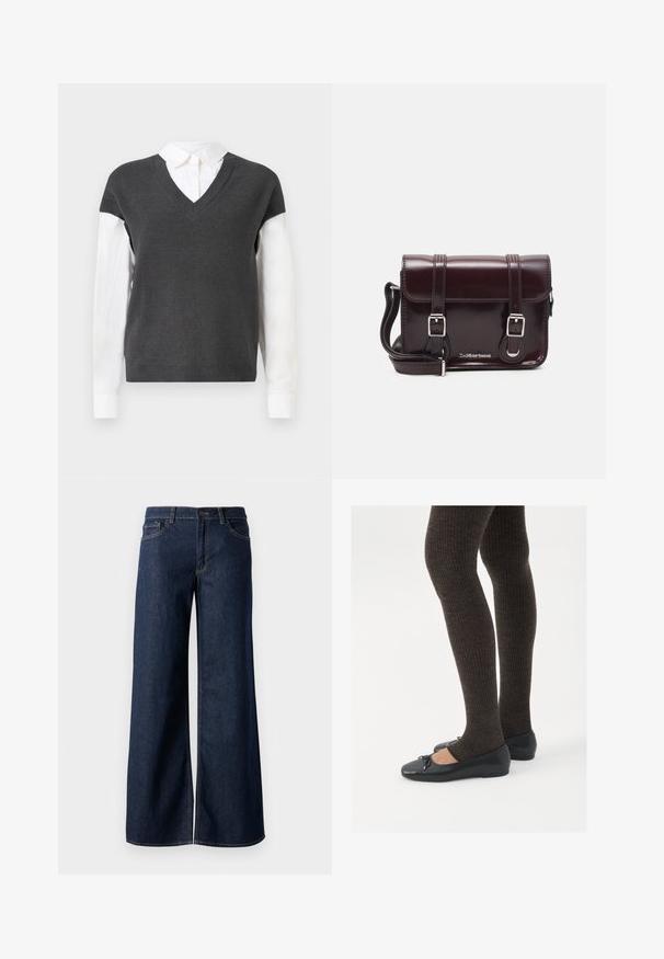 Temno siva pletenina s krojem v obliki črke V, ki ima kratke rokave in je oblečena čez belo srajco s kravato. Tekstura je rebrasta, z večplastnim videzom.; Široke hlače iz temnega modrega denima. Imajo kontrastno šivanje, pet žepov in gumbasto zapiranje v pasu. Gladka tekstura.; Črne ravne čevlje z majhnim lokom na prstih, v kombinaciji s temno rjavimi rebrastimi nogavicami. Čevlji imajo gladko teksturo in nizko obliko.; Burgundska patentna usnjena torbica čez ramo z pravokotno obliko, dvema trakovoma, srebrno kovinsko opremo in zapiranjem na preklop.