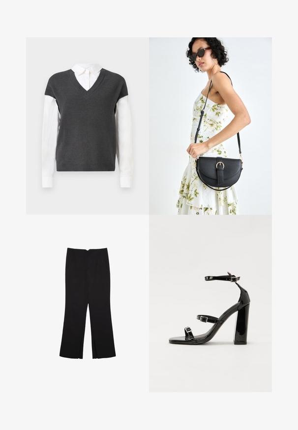 Maglione grigio scuro lavorato a maglia con scollatura a V, caratterizzato da maniche corte sopra una camicia bianca con colletto. La texture è a coste, con un aspetto stratificato.; Pantaloni neri a gamba dritta, con tasche frontali e spacchi laterali all'orlo. Realizzati in tessuto morbido e liscio. Adatti a diverse occasioni.; Sandali con tacco in vernice nera, con punta squadrata, cinturini alla caviglia e fibbie in argento. Presentano un tacco a blocco spesso per maggiore stabilità.; Borsa a tracolla nera in pelle con una forma curva, manico rimovibile e accessori dorati. La borsa presenta una patta con un dettaglio a fibbia.