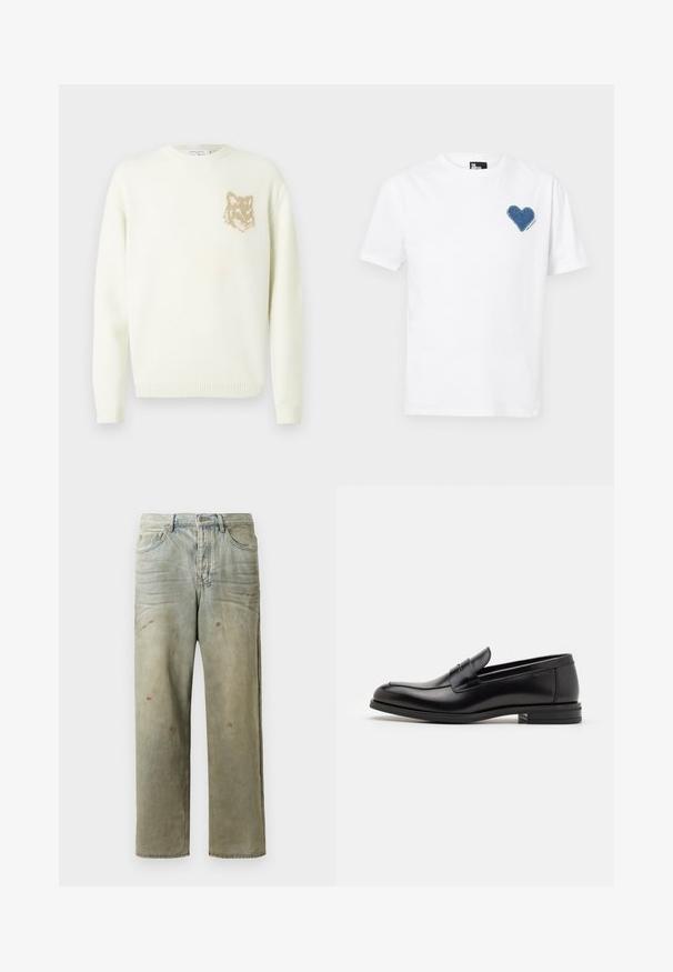 Világos krém színű crewneck pulóver hosszú ujjakkal, bal mellrészen egy kis bézs színű rókafej grafikával, bordás mandzsettákkal és aljjal.; Fehér pamut póló, bal mellrészen kék farmer szív alkalmazással. Rövid ujjak és klasszikus kerek nyak.; Fakó zöld, kopott farmerszadrág, egyenes lábbal, ötk zsebes kialakítással, egyenetlen kopással és festékcseppekkel.; Fekete bőr loaferek sima textúrával, kerek orral és dekoratív pánttal a vampnál. Alacsony, rétegelt sarkú, minimalista dizájn.