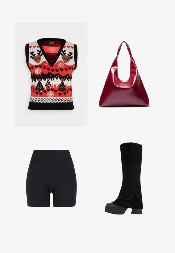 ONLY ONLXMAS HEART V NECK VEST - Strickpullover - black/poppy red/green bee; Schwarze, hochtaillierte Shorts aus dehnbarem Stoff. Verfügt über einen elastischen Bund, eine glatte Textur und reicht bis zur Mitte des Oberschenkels mit einem nahtlosen Design.; Schwarze knielange Stiefel mit einem gerippten Stoffobermaterial, klobiger Plateausohle und Blockabsatz, ausgestattet mit einer glatten Textur und elegantem, modernem Design.; Rote glänzende Lederhandtasche mit dreieckiger Form, breiter Öffnung oben und einem geschwungenen Griff. Glatte Textur mit minimalen Nähdetails.