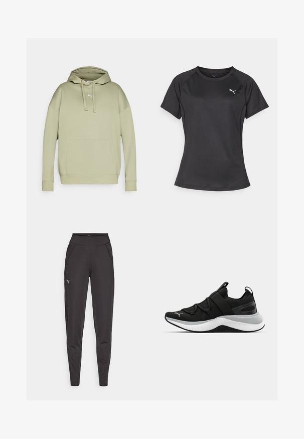 Világoszöld Puma kapucnis pulóver, kenguru zsebbel, húzózsinóros kapucnival és bordás mandzsettával. Puha pamut keverékből készült.; Fekete, rövid ujjú sportpóló, kerek nyakkal, sima anyagból készült, bal mellkason egy kis fehér logóval.; Fekete sportleggings rugalmas anyagból, magas derékkal, oldalsó zsebekkel és egy kis fényvisszaverő logóval a bal combján.; Fekete sportcipő textúrázott felső résszel, rugalmas pántokkal és vastag fehér középtalppal. Szürke akcentussal rendelkezik a talp mentén.