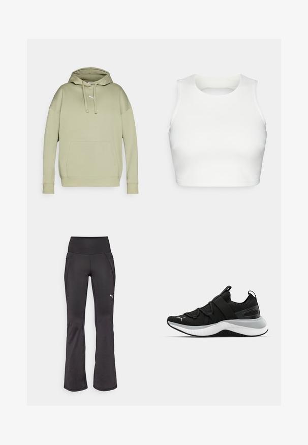 Sudadera Puma en verde claro, con un bolsillo tipo canguro, capucha con cordón y puños de canalé. Fabricada en una suave mezcla de algodón.; Top corto blanco sin mangas, hecho de un tejido suave, con un escote redondo y un diseño de espalda abierta, con costuras bien acabadas en los bordes.; Pantalones de fitness negros de campana con una cinturilla alta, tejido elástico, que presentan un logo de marca bordado en blanco y un sutil detalle de costura.; Zapato deportivo negro con parte superior texturizada, correas elásticas y una suela intermedia blanca gruesa. Presenta un acento gris a lo largo de la suela.