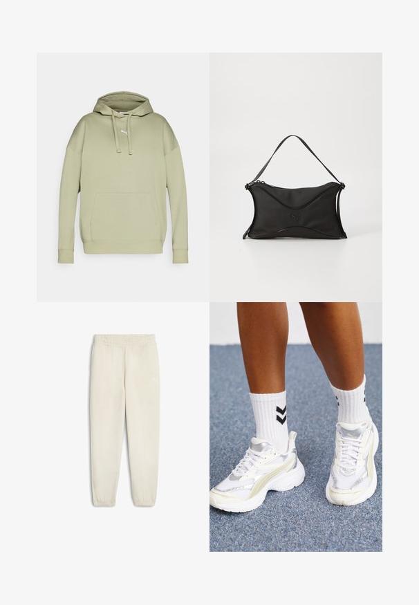 Világoszöld Puma kapucnis pulóver, kenguru zsebbel, húzózsinóros kapucnival és bordás mandzsettával. Puha pamut keverékből készült.; Világos bézs színű, puha anyagból készült melegítőnadrág, elasztikus derékrésszel, bokánál szűkített szárakkal és egy kis fehér logóval az oldalon.; Fehér sportcipők ezüst kiegészítőkkel, hálós anyagból, és masszív dizájnnal. Fehér zoknikkal párosítva, melyeken fekete chevron minták találhatók.; Fekete kézitáska puha, textúrált anyagból. Hullámos designjával, egyetlen vállpántjával és finom logó részletével rendelkezik elöl.