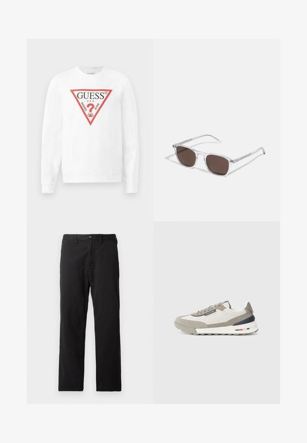Bijela pamučna dukserica s velikim crvenim trokutastim logotipom na kojem piše "GUESS U.S.A." i "WASHED JEANS", uz središnji ikonu upitnika.; Crne hlače od pamuka, s glatkom teksturom, ravnim krojem i prednjim kopčama na gumbe s petljama za remen.; Sive i bijele tenisice s kombinacijom sued materijala i tekstila. Kontrastni mornarski plavi i crveni detalji, s teksturiranom gumenenom potplatnom i vezicama.; Prozirne sunčane naočale s pravokutnim smeškim lećama, koje imaju tanke, prozirne drške i metalne akcentne detalje na sljepoočnicama.