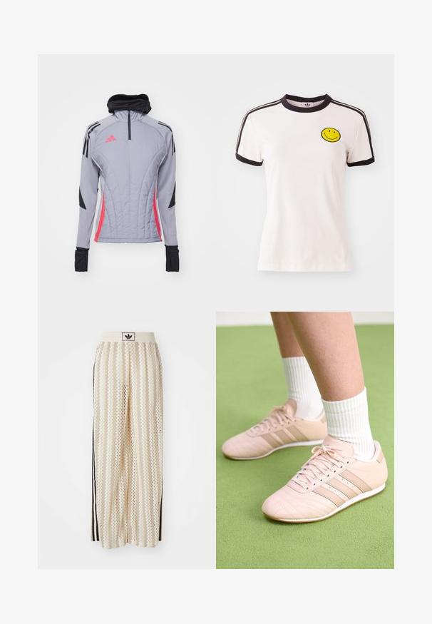 Grey long-sleeve jacket with pink and black accents, featuring a high collar, quarter zip, and padded texture with vertical stitching.; White cotton t-shirt with a black ribbed collar, short sleeves, black stripe accents, and a yellow smiley face embroidered on the chest.; Cream-colored wide-leg pants with a zigzag pattern, featuring a black logo waistband and side black stripes. Lightweight, textured fabric.; Light pink athletic shoes with diagonal stitching, white soles, and three lateral stripes. Worn with ribbed white socks on green surface.