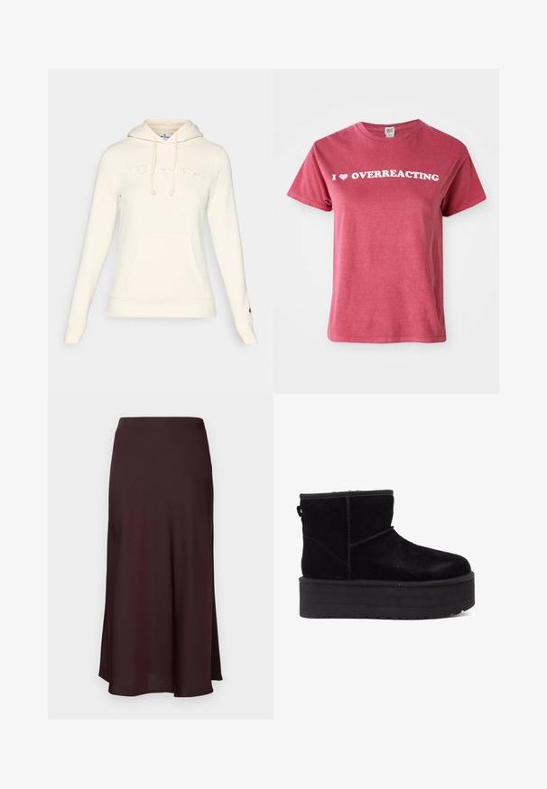 Kremhetter med kengurulomme, justerbare snorer og tonalt brodert logo på brystet. Myk stoff med lange ermer.; Burgunderfarget bomull T-skjorte med korte ermer, med hvit tekst som leser "Jeg ♥ OVERREAGERER" over brystet. Enkel, rund halsdesign.; Burgunderfarget sateng midi-skjørt med en jevn tekstur, rett passform og litt utsvingt kant. Ingen synlige mønstre eller hardware-detaljer.; Svarte semskede ankelstøvler med en tykk plattformsåle og myk fôr. Fullført med sømdetaljer og en bakre opphengsløkke for enkel påkledning.