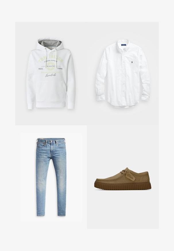 Balta palaidinė su kapišonu, pagaminta iš švelnios medžiagos, su priekyje esančia kišene, turinti pilką pamušalą kapišone ir spausdintu prekės ženklo logo žaliai juodais atspalviais.; Balta ilga rankovė mygtukų marškiniai iš medvilnės. Pasižymi klasikinėmis apykaklėmis, mygtukų rankogaliais ir mažuoju tamsiai mėlynu siuviniu su logotipu ant krūtinės.; Šviesiai mėlyni aptempti džinsai su lengvu nudėvėjimu šlaunyse, priekyje užsegami mygtuku, su diržo kilpelėmis ir penkių kišenių stiliumi ant baltos fono.; Šviesiai rudos zomšinės bateliai su apvaliu pirštu, siuvinėjimo detalėmis ir raguota ruda guma. Su šonine etikete su "Clarks" logotipu.