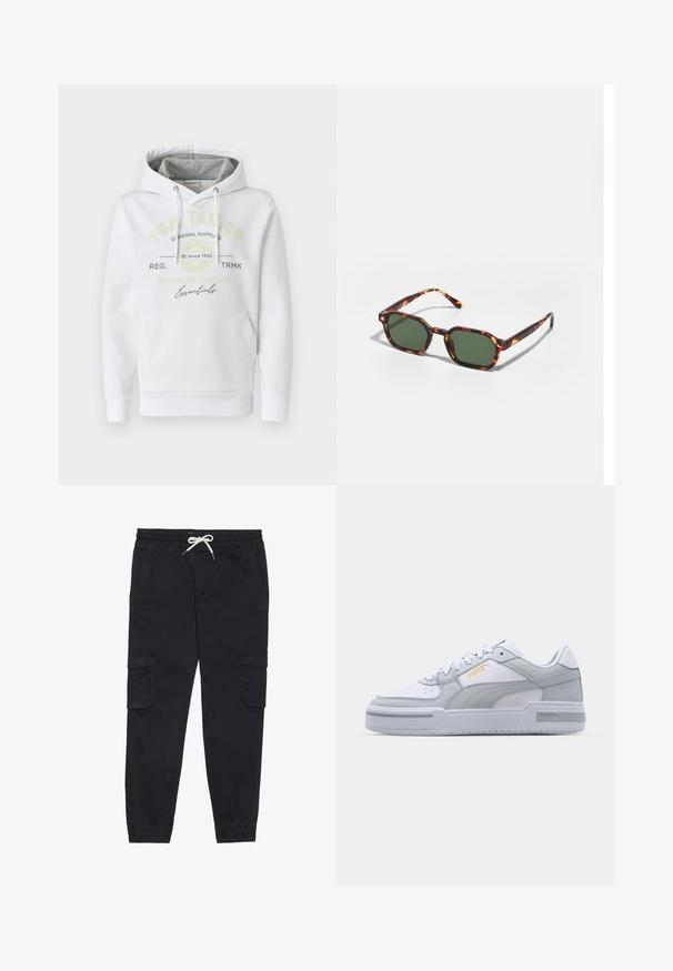White hoodie made of soft fabric with a front pocket, featuring a gray lined hood and printed brand logo in green and black.; Black cargo pants made of cotton, featuring an elastic waistband with a drawstring, side pockets, and tapered cuffs.; Gray and white sneakers with smooth leather upper, perforated toe, lace-up closure, textured accents, and a subtle gold logo.; Tortoiseshell sunglasses with green lenses, featuring an octagonal shape and slim, curved arms. Material has a glossy finish.