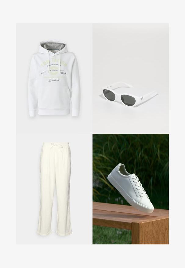 Hoodie blanc en tissu doux avec une poche frontale, doté d'une capuche doublée grise et d'un logo de marque imprimé en vert et noir.; Pantalons en lin blanc cassé avec une taille élastique, jambes légèrement larges et ourlets roulés pour un look décontracté. Pas de poches.; Sneaker en dentelle blanche flottant au-dessus d'un banc en bois avec un feuillage vert en arrière-plan, mettant en valeur le design et la texture de la chaussure.; Lunettes de soleil blanches avec des montures arrondies et des verres foncés. Possède une texture en plastique lisse et un petit logo sur la branche.