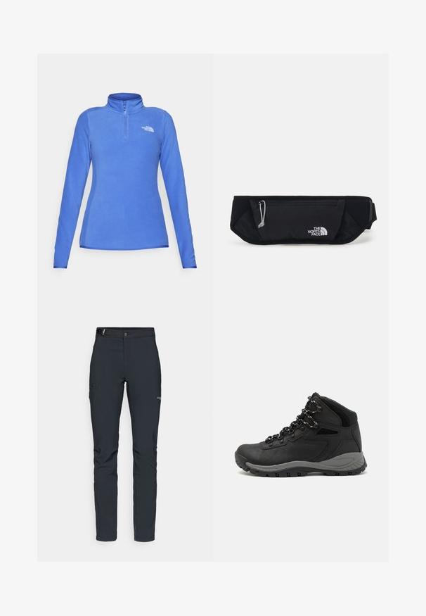 Šviesiai mėlynas fliso megztinis, turi aukštą apykaklę ir pusės užtrauktuką. Baltas logotipas ant krūtinės, ilgomis aptemptomis rankovėmis su lygiąja tekstūra.; Vyrų lauko kelnės, tamsiai pilkos, pagamintos iš elastingos medžiagos, su diržu, užtrauktukais užtraukiamomis kišenėmis ir sustiprinta siūle.; Juodas žygio botas su vidutinio aukščio dizainu, pasižymintis tekstūruota viršutine dalimi, pilkų akcentų ir patvaria guma padanga su sukibimo gumbais.; The North Face SUNRISER RUN BELT UNISEX - Diržinis krepšelis - black/white