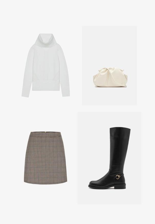 Valkoinen neulepaita, jossa on korkea ribbaustettu turtleneck, teksturoituja paneeleita sekä ribbaustetut hihansuut ja helma. Pehmeä villa-sekoitemateriaali.; Ruskea ja beige ruudullinen hame, suora leikkaus, teksturoitu kangas ja takana vetoketjukiinnitys.; Anna Field Wide Fit Saappaat - black; Kermapunah, tas faux leather lembut dengan desain berkerut, tali yang dapat disesuaikan, dan penutupan tali yang halus. Tekstur mulus dan bentuk bulat.; Hopeakylkiset korvakorut, joissa on pyöristetyt, heijastavat pinnat; minimalistinen muotoilu, jossa on sileä pinta ja hienovarainen brändäysyksityiskohta.
