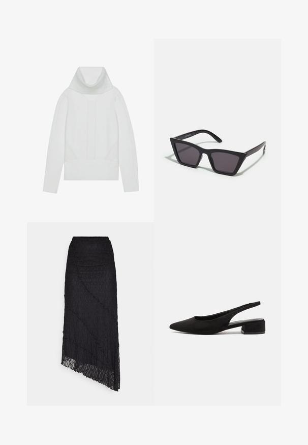 White knit sweater featuring a high ribbed turtleneck, textured panels, and ribbed cuffs and hem. Soft wool blend material.; ONLY ONLKIM LACE SKIRT - Maxi skirt - black; Call it Spring BECKYY B.E.D FOAM - Classic heels - black; Black, angular sunglasses with gray lenses; made of plastic, featuring thick arms with a smooth surface and no visible hardware.; Black leather handbag with structured design, smooth texture, and two top handles. Features gold accents and a logo at the bottom.