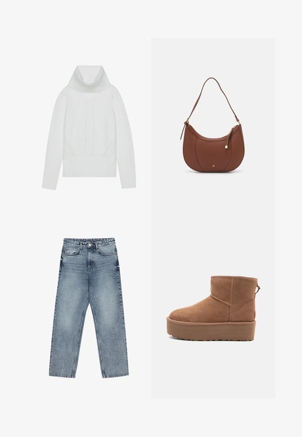 Suéter branco de malha com um alto colarinho canelado, painéis texturizados e punhos e barra canelados. Material macio de mistura de lã.; Deve azul claro com corte reto, costura visível, design de cinco bolsos e fecho de botão na cintura.; Bota ankle em suede bege com sola plataforma, ponta arredondada e acabamentos de costura; conta com uma alça na parte de trás para facilitar o calçar.; Mala de ombro em pele sintética castanha com forma curva, costura minimalista e detalhe em metal dourado. Apresenta fecho de zíper no topo e alça ajustável.