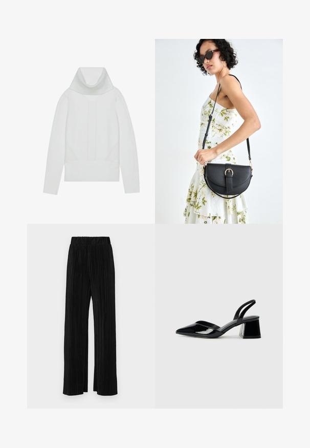 Valkoinen neulepaita, jossa on korkea ribbaustettu turtleneck, teksturoituja paneeleita sekä ribbaustetut hihansuut ja helma. Pehmeä villa-sekoitemateriaali.; Mustat pleatatut housut, joissa on joustava vyötärö. Ominaisuuksiin kuuluvat leveät lahkeet ja sileä, teksturoitu kangas, jossa on pystysuoria raitoja.; Mustat patentoitu nahkakengät, joissa on säären takaosa ja terävä kärki, sekä geometrinen palikkakorko. Sisältää tyylikkään, minimalistisen muotoilun ja sileän pinnan.; Musta nahkainen käsilaukku, joka on kaareva muotoilultaan, irrotettavalla hihnalla ja kultaisilla yksityiskohdilla. Laukussa on läppä, jossa on solk yksityiskohta.