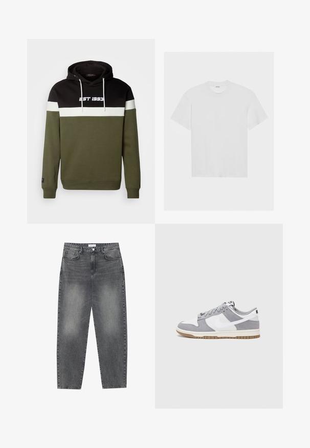 Pamučna dukserica s kapuljačom s crnim, bijelim i maslinastozelenim panelima, s prednjim natpisom "EST 1995" i dodacima na vezicama.; Bela pamukasta majica kratkih rukava, okruglog izreza i ležernog kroja. Glatka tekstura bez vidljivih uzoraka ili naglasaka.; Traperice visokog struka, širokog kroja u izblijedjelom crnom denimu. Imaju pet džepova, petlje za remen, i čist, ravni kroj nogu.; Sivi i bijeli tenisice s gornjištem od antilopa i kože, okruglim vrhom, ravnim vezicama i gumenim potplatom s dodatkom boje gume.