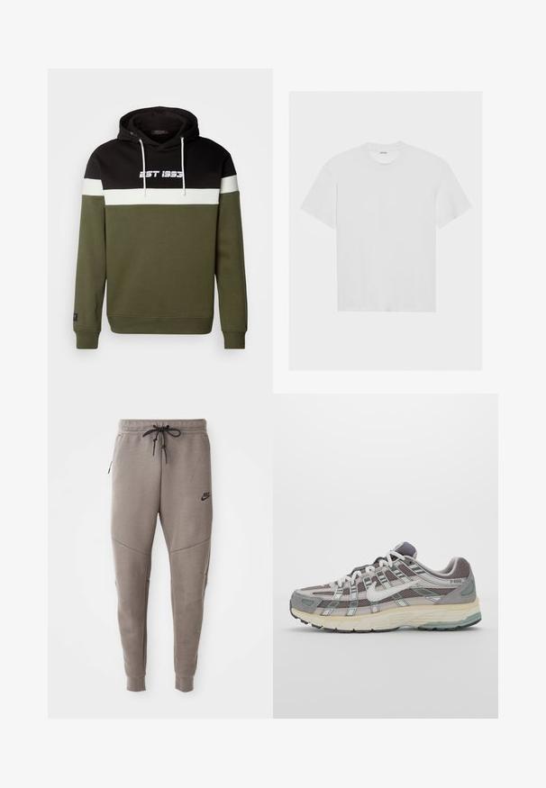 Hooded sweatshirt featuring black, white, and olive green panels, with front "EST 1995" text and drawstring accents. Cotton blend fabric.; White cotton t-shirt with short sleeves, crew neck, and a relaxed fit. Smooth texture and no visible patterns or accents.; Gray Nike sweatpants with a drawstring waistband, tapered legs, side pockets, and distinct seam detailing. Soft, textured fabric.; Gray athletic shoe featuring a mesh and suede upper, white accents, a cushioned sole, and a distinctive design with reflective elements.