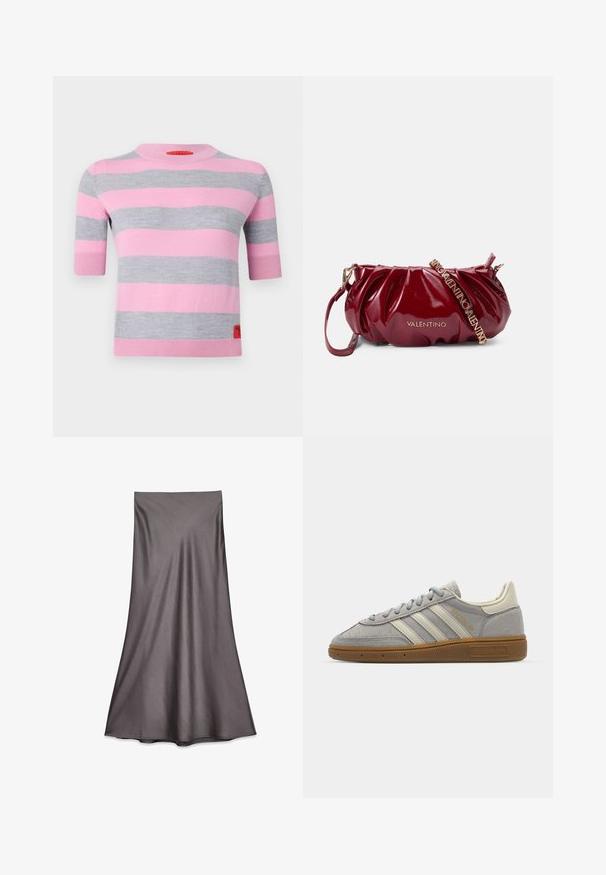 MAX&Co. ASTER - Jumper - orchis rose; Gray satin midi skirt with a smooth texture and flowing design. Features a straight cut, falling to below the knee, without embellishments.; Gray suede sneakers with light gray leather stripes and a gum rubber sole. Features include lace closure and subtle branding on the tongue.; Burgundy patent leather handbag featuring a gathered design, gold hardware, and an adjustable strap with "VALENTINO" lettering.