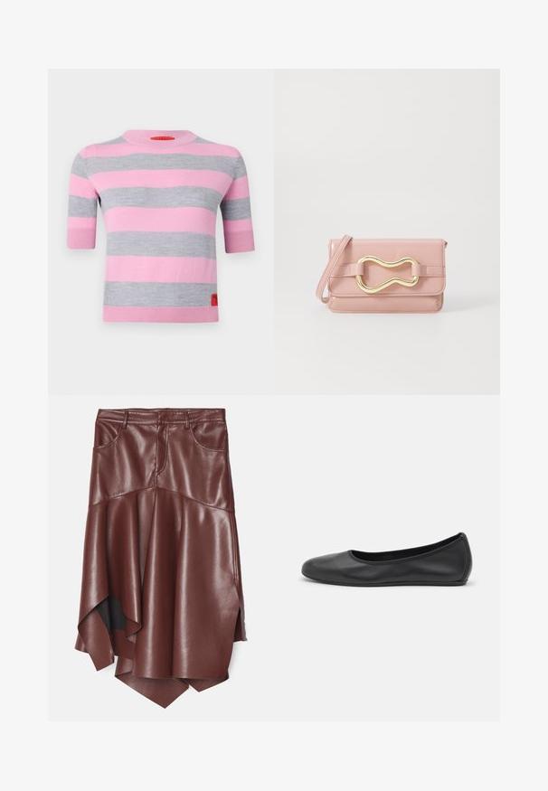 MAX&Co. ASTER - Maglione - orchis rose; Gonna in ecopelle marrone con orlo asimmetrico e svasato, dotata di due tasche frontali e una texture liscia e lucida.; Pantofole da balletto nere in pelle con punta arrotondata, texture liscia, dettagli di cucitura minimi e design con suola flessibile.; Borsa a tracolla in pelle rosa con una superficie liscia, caratterizzata da un dettaglio hardware astratto dorato e una tracolla removibile. Design compatto e rettangolare.