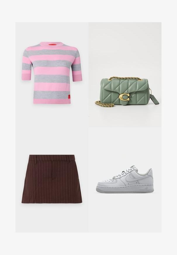MAX&Co. ASTER - Camisola - orchis rose; Saia castanha com riscas finas, de corte ajustado, apresentando uma cintura plana, bolsos laterais e uma bainha reta. Material em mistura de algodão.; Sapatilha de couro branca com um design de cano baixo, bico arredondado, detalhes perfurados e uma sola de borracha texturizada. Apresenta acentos cinzentos na língua.; COACH TABBY SHOULDER BAG 20 WITH PILLOW QUILTING - Mala a tiracolo - sage