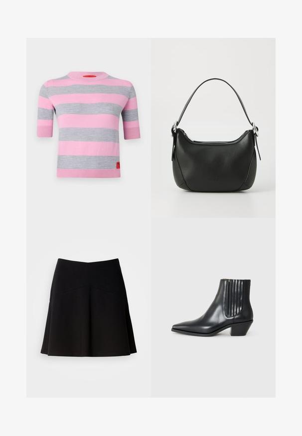 MAX&Co. ASTER - Jumper - orchis rose; Black flared skirt made from soft fabric, featuring a fitted waistband and seam detailing. Smooth texture with a simple, classic design.; Black leather ankle boot with pointed toe, elastic side panels with vertical grooves, and a low block heel. Smooth texture and sleek design.; Black leather handbag with a curved shape, silver zipper, and a short handle. Features a subtle logo on the front and smooth texture.