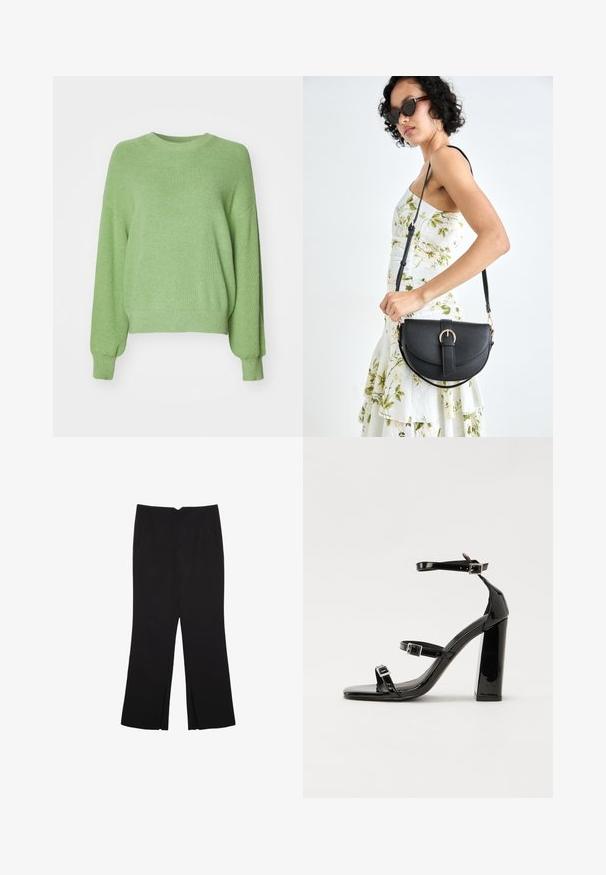 Zielony sweter z prążkowanego dzianiny, z okrągłym dekoltem, luzem i długimi rękawami. Miękka faktura z gładkim wykończeniem.; Czarne spodnie o prostym kroju, z przednimi kieszeniami i bocznymi rozcięciami na dole. Wykonane z miękkiego, gładkiego materiału. Odpowiednie na różne okazje.; Czarne lakierowane sandały na obcasie z kwadratowym noskiem, z paskami wokół kostki i srebrnymi klamrami. Posiadają masywny słupek dla stabilności.; Czarna skórzana torebka o zakrzywionym kształcie, z odpinanym paskiem i złotymi akcentami. Torebka posiada klapę z zapięciem w kształcie klamry.