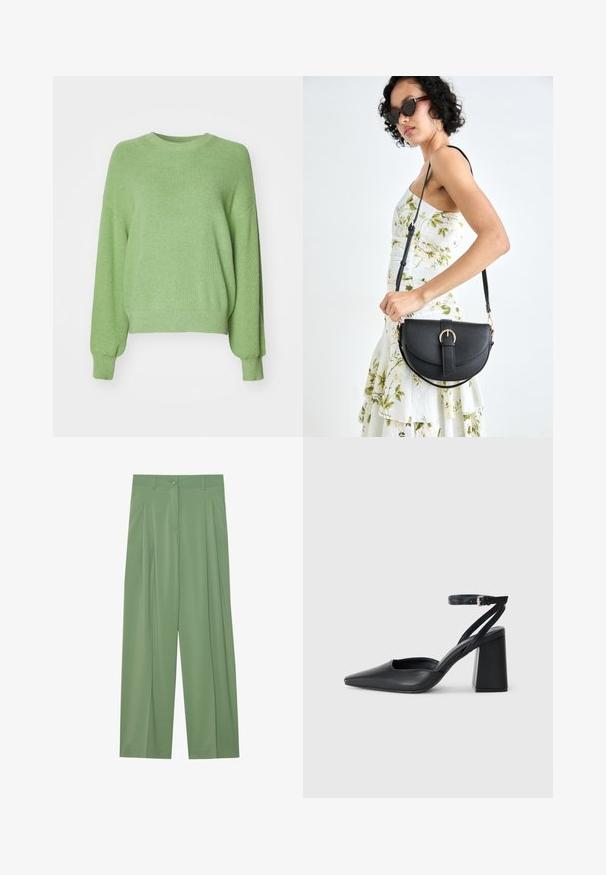 Grüner, gerippter Strickpullover mit rundem Ausschnitt, lockerer Passform und langen Ärmeln. Weiche Textur mit glatter Oberfläche.; Grüne weit geschnittene Hosen aus glattem Stoff. Mit Falten an der Vorderseite, einer Knopfverschluss und Gürtelschlaufen.; Schwarze Leder-Pumps mit spitzer Zehe, einem Knöchelriemen und einem blockigen Absatz. Flache Textur, elegantes Design und minimalistische Ästhetik.; Schwarze Lederhandtasche mit geschwungener Form, abnehmbarem Tragegurt und goldenen Beschlägen. Die Tasche verfügt über einen Deckel mit einer Schnallen-Details.