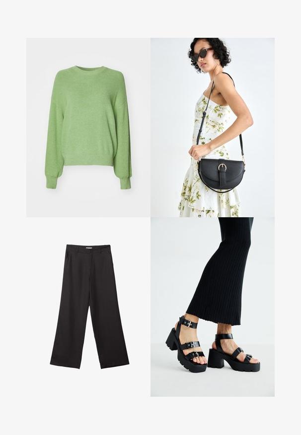 Zelen pulover iz rebraste pletenine z okroglo ovratnikom, sproščenim krojem in dolgimi rokavi. Mehak tekstura z gladkim koncem.; Črne široke hlače iz gladkega materiala, z sprednjim zadrgo in dvema stranskima žepoma, s prilagojenim krojem in minimalističnim dizajnom.; Črne platforme s sandali in debelimi, zarezami ter več naramnicami, ki vključujejo kovinske zaponke in gladko teksturo, podobno usnju.; Črna usnjena torbica s ukrivljeno obliko, z odstranljivo naramnico in zlatimi dodatki. Torbica ima pokrov s podrobnostmi v obliki zaponke.