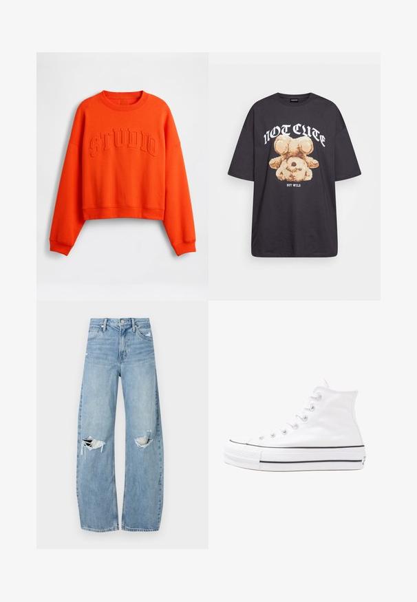 Oranžová skrátená mikina s vyrazeným nápisom „STUDIO“ na prednej strane, s dlhými rukávmi a rebrovaným výstrihom a lemom.; Čierne oversized tričko s grafikou medveďa a textom "NIE ROZTOMILÉ ALE DIVOKÉ" v tučnom bielom písmene. Bavlnený materiál.; Svetlomodré, vysoké džínsy vyrobené z denimu. Majú široké nohavice, dve roztrhnuté kolená a klasický päťvreckový strih.; Biele vysoké plátené tenisky s čiernou gumovou podošvou, prednou gumovou špičkou a šiestimi okami na šnúrky, s čistým, minimalistickým dizajnom.